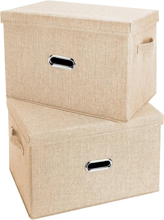 Large Linen Fabric Foldable Storage Bins with Removable Lid and Handles, Washable Storage Box Organizer Containers Baskets Cube with Cover for Bedroom,Office (Khaki, Extra Large(2-Pack))