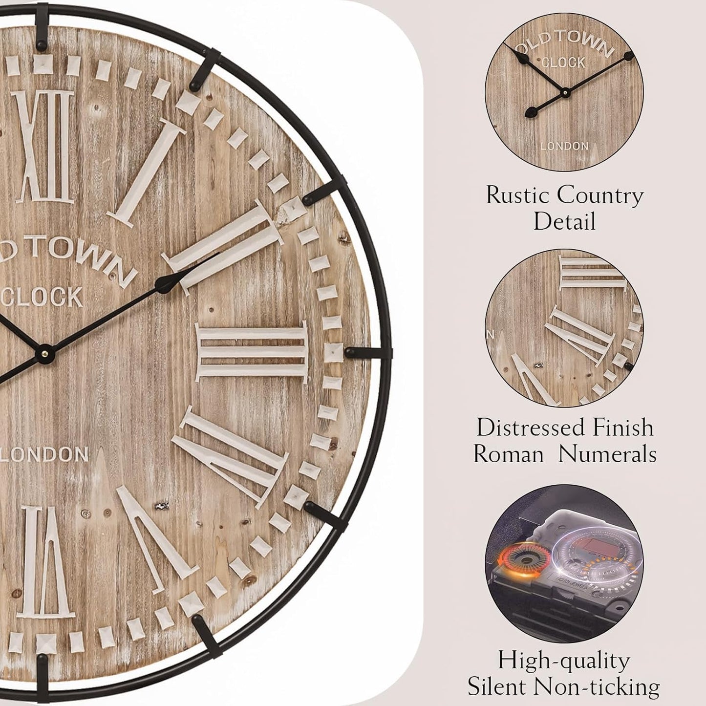 Farmhouse Wall Clock 30 Inch - Rustic Wood Metal Decor, Silent Sweep, Battery Operated for Living Room Kitchen Office, Brown