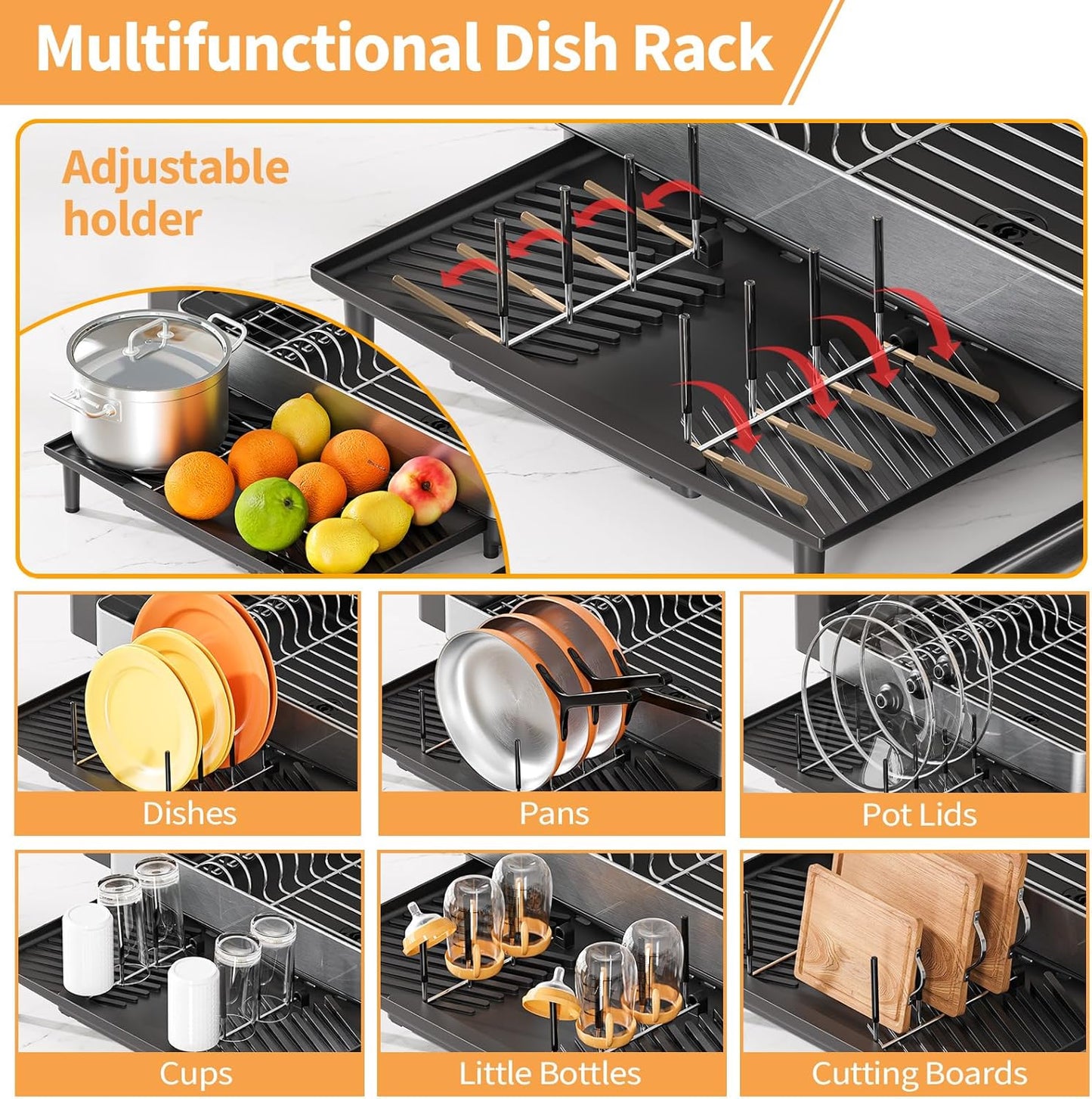 Urackify Dish Rack for Kitchen Counter, 304 Stainless Steel Dish Drying Rack, Expandable Dish Drainer, Foldable Dish Strainer with Cutlery Holder, Kitchen Plate Rack (Black, Large Size)