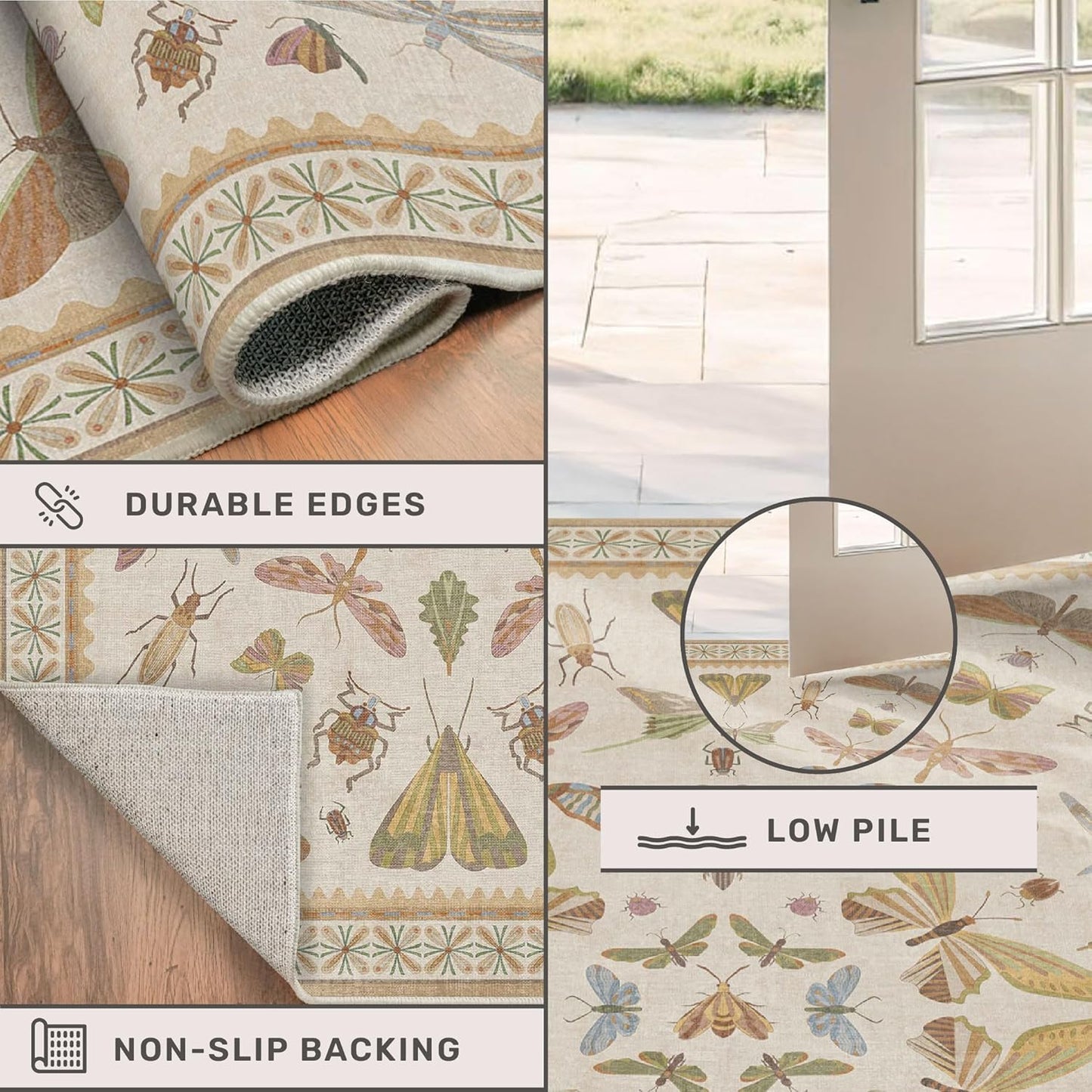 8x10 Fun Rugs For Bedroom - Maximalist Rug for Living Room, Playroom, Dining Room Under Kitchen Table, Washable Soft Stain Resistant Low Pile, Butterfly Insect Floral Cottage Decor, Beige & Yellow