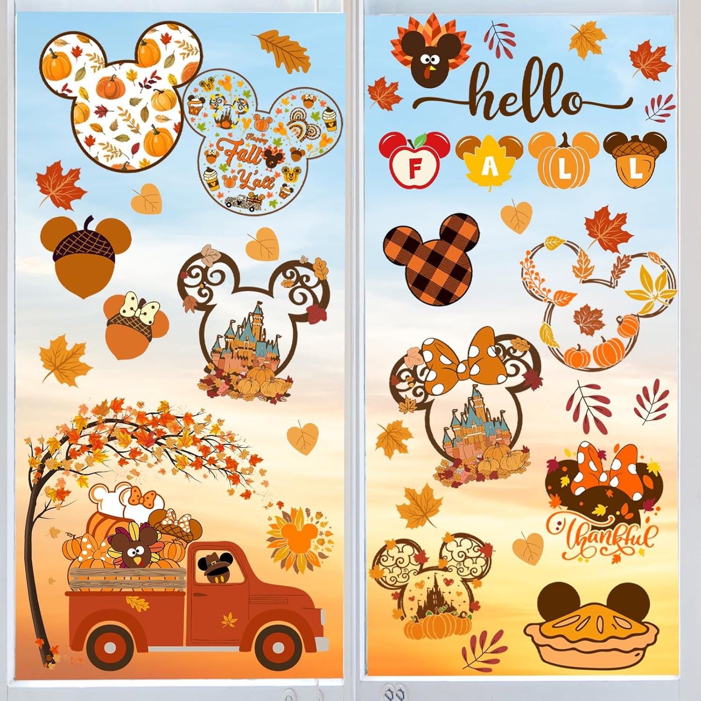 Mouse Themed Fall Window Clings - 9 Sheets Removable Thanksgiving Stickers for Glass Windows, Autumn Decorations