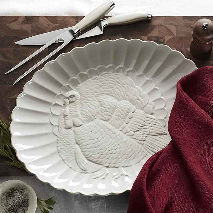 Lenox Serveware, Lenox French Perle Carved Turkey Platter, Scalloped, Oval, 18-Inch, Stoneware, Dishwasher Safe, Turkey Platter for Thanksgiving, Winter Hosting, Christmas Serving (White, 1 Piece)
