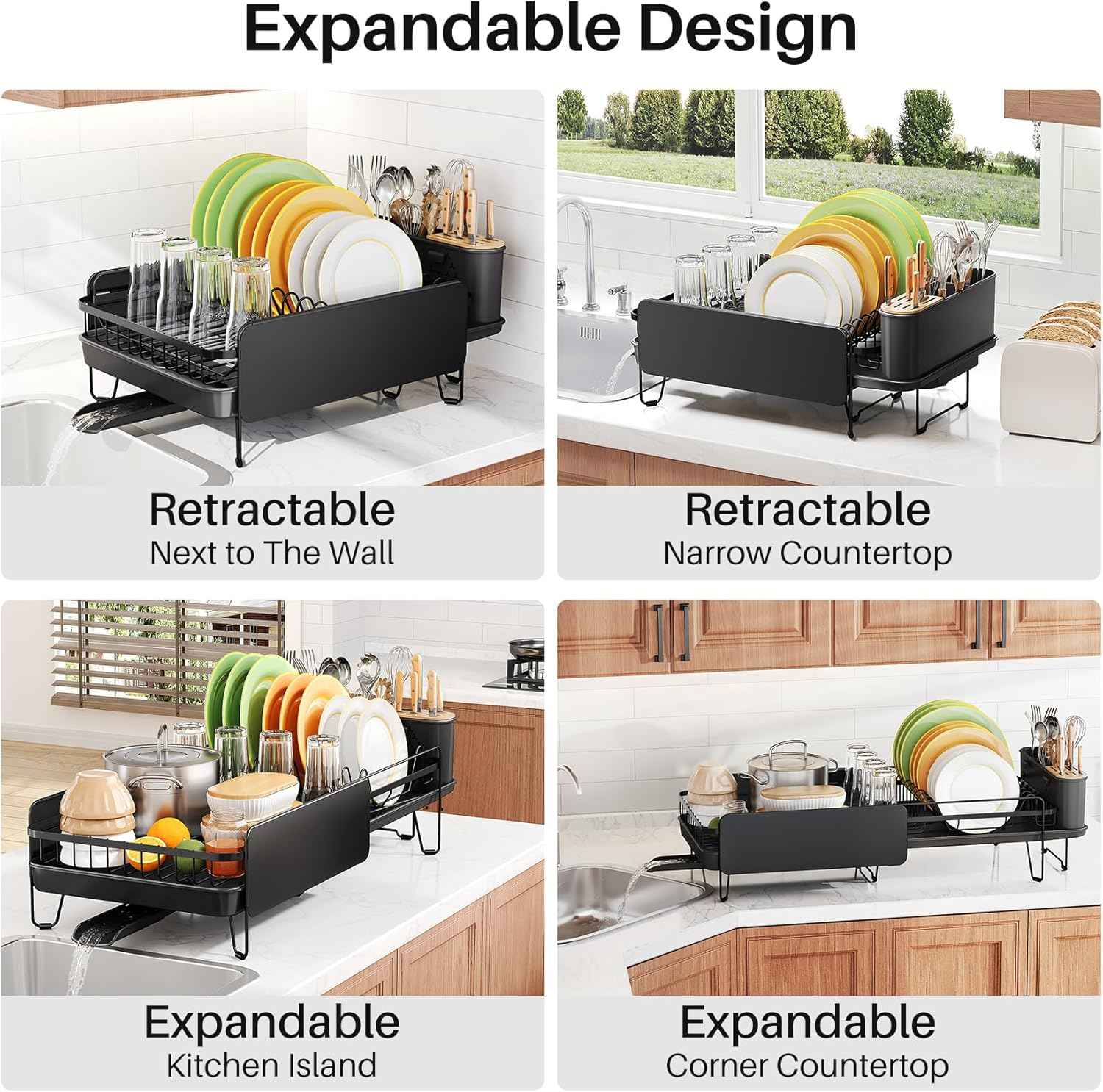 SNTD Dish Drying Rack - Large Dish Racks for Kitchen Counter, Expandable Dish Drainers with Cutlery Holder Stainless Steel Rustproof, Black
