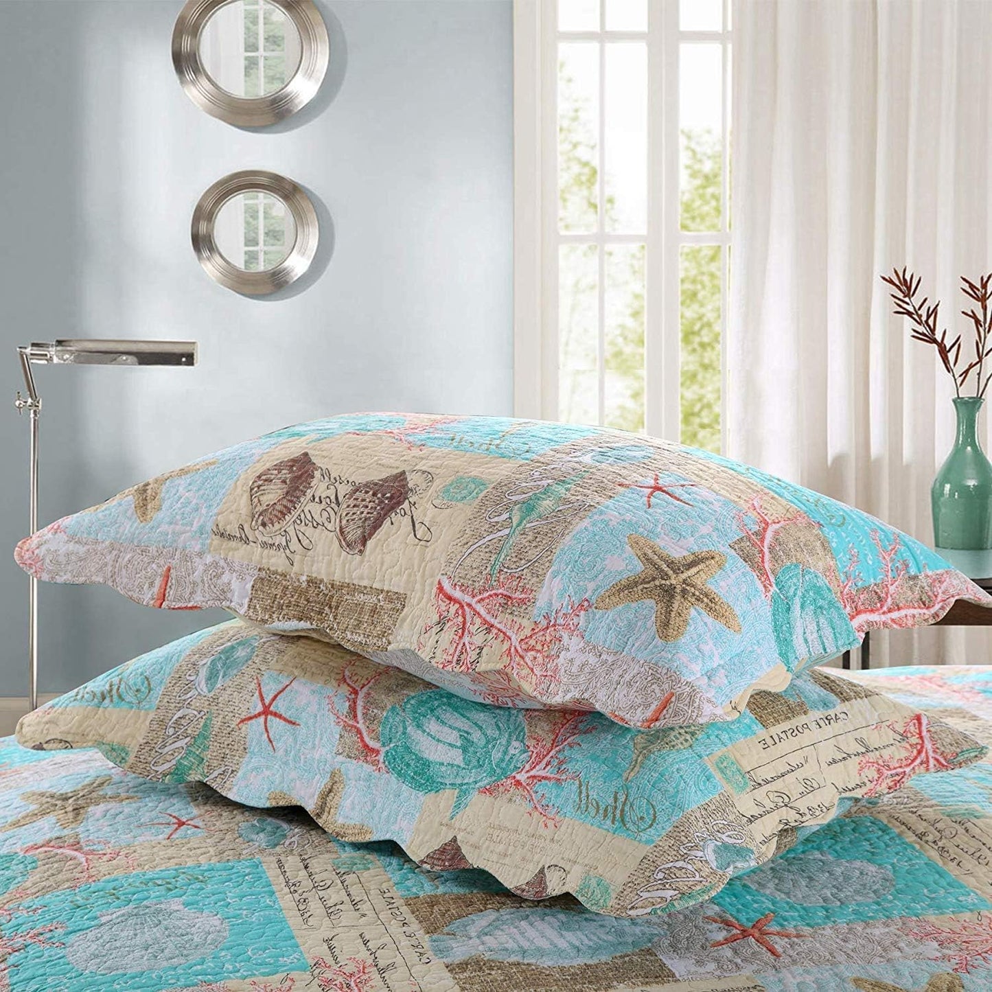 YAYIDAY Quilts Queen Size Bedspread Set - 100% Cotton Reversible Breathable Star Fish Coral Shell Style Quilted Quilt with Pillow Shams for All Seasons