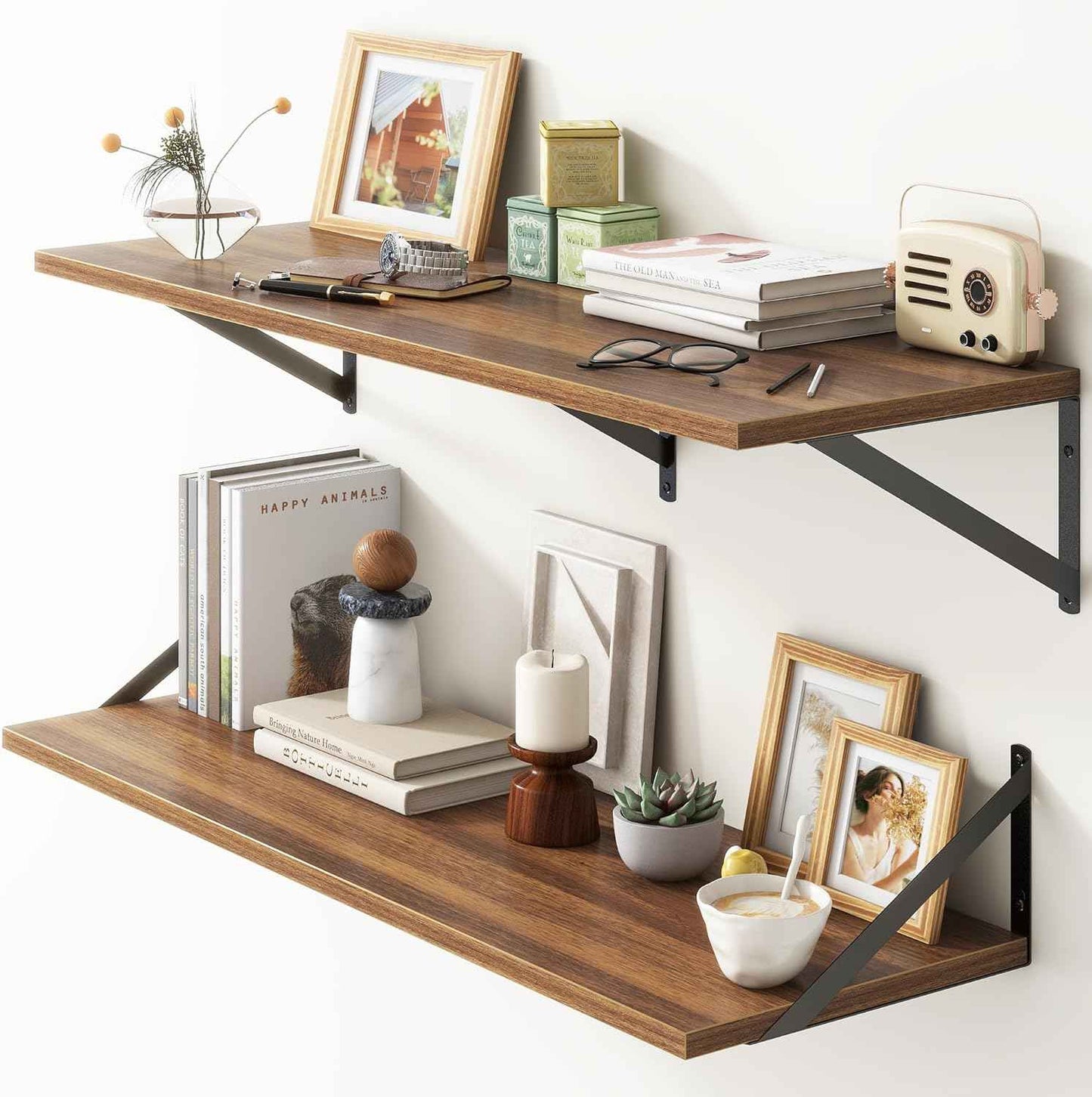 36"W x 12"D Floating Shelves, Walnut Deep Floating Shelves for Wall with Brackets, 12 Inch Deep Wall Shelves for Books, Wide Display Storage Shelves for Bathroom, Living Room, 36 Inch Long, Set of 2