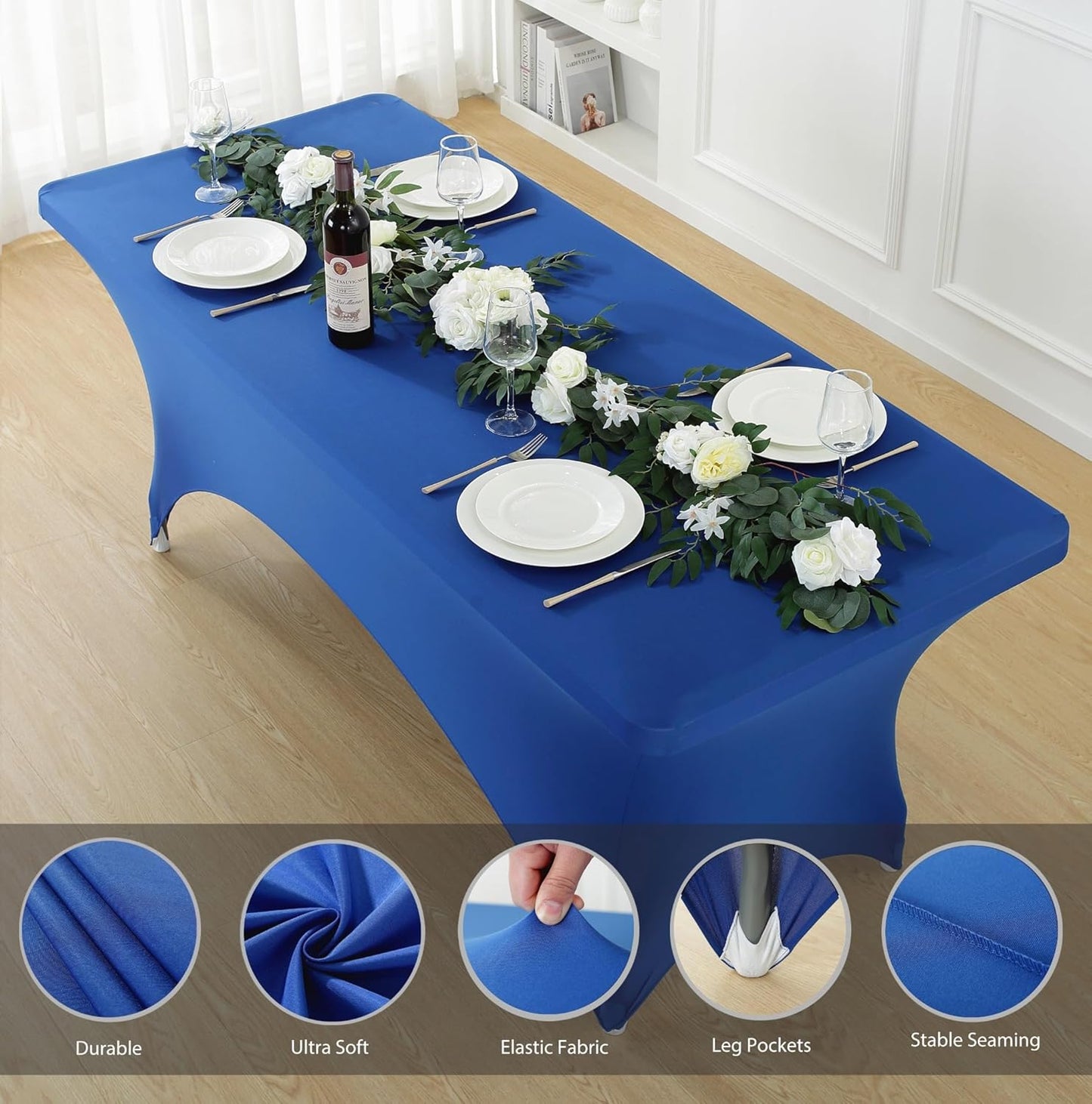 Craft And Party 2 Pack 6ft Royal Blue Spandex Tablecloth – Fitted Stretch Cover – Universal Fit for Folding Tables – Wrinkle-Free, Washable – Ideal for Parties, Weddings, Events