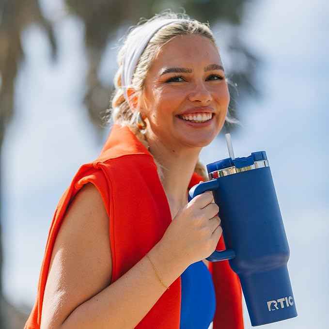 RTIC 40 oz Road Trip Tumbler Double-Walled Cermaic Lined Insulated Stainless Steel Portable Travel Coffee Mug Cup with Lid, Handle and Straw, Cobalt