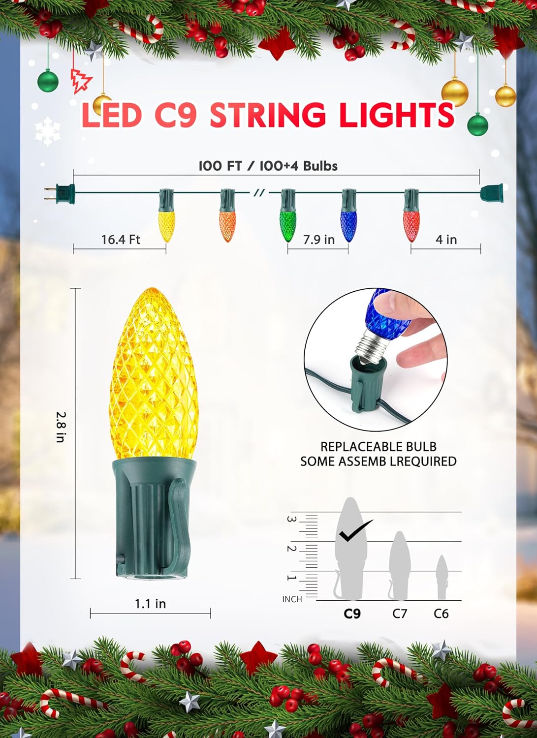 Minetom C9 Christmas String Lights, 100 Ft Multicolor Outdoor Christmas Lights, 100 Strawberry LED Bulbs, Connectable UL Certified for Indoor Roofline Holiday Backyard Xmas Decor