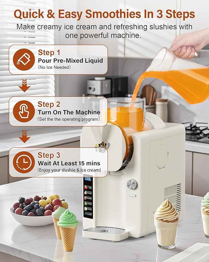 Slush Machine & Ice Cream Maker Machine 2-IN-1, 6 Modes for Smoothies, Milkshakes, Cocktails, Margarita, and Ice Cream, Double-Layer Tank, With Ice Cream Cone Holder, Self-Cleaning, For Home Use