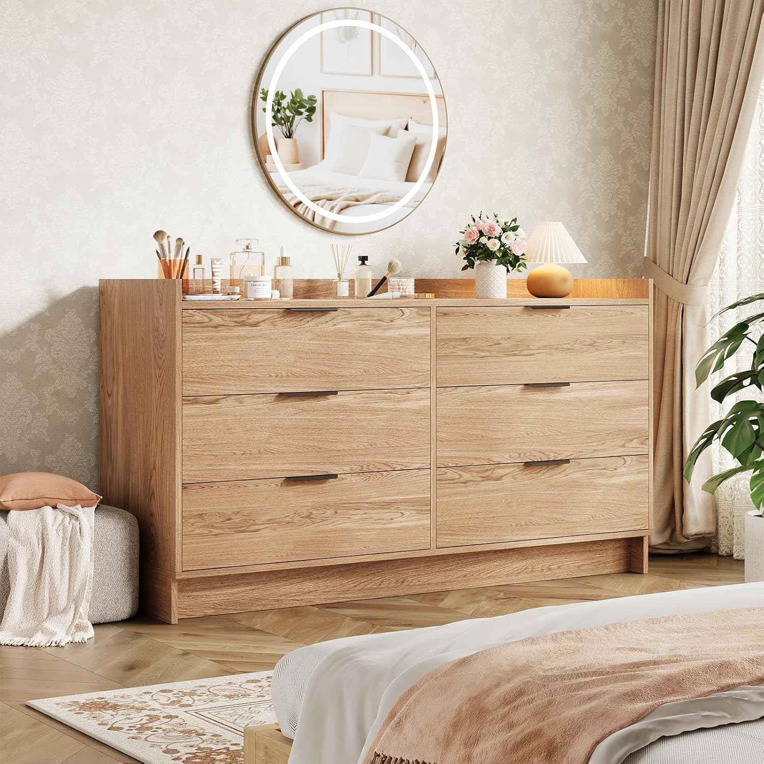 Modern Dresser with 6 Drawers 52.5" Wide Chest of Drawers with Metal Handle, Double Wooden Storage Cabinet with Deep Drawers & TV Stand Wood Closet Clothes Storage Organizer for Bedroom, Living Room,
