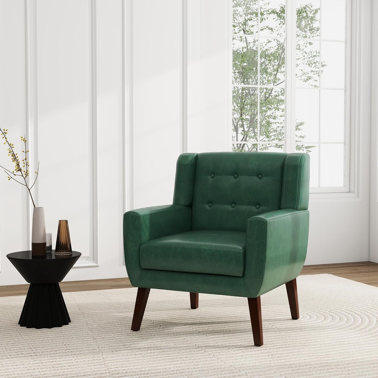 UIXE Faux Leather Accent Chair, Modern Arm Club Chair Upholstered Armchair for Living Room, Comfy Single Sofa Seats Button Tufted Reading Seating, Green