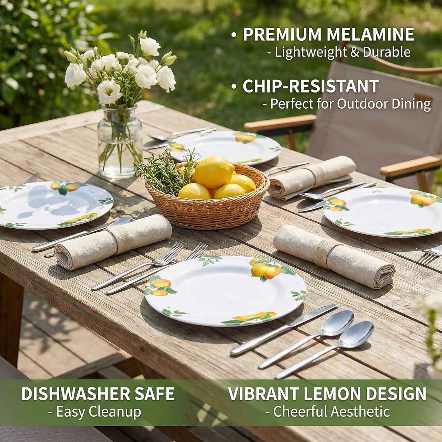 Melamine Dinner Plates 10 Inch – Lemon Print Design Dishes Set of 6,Outdoor & Indoor Use,Shatterproof & Dishwasher Safe,Perfect for Picnic, Patio, and Everyday Dining,White