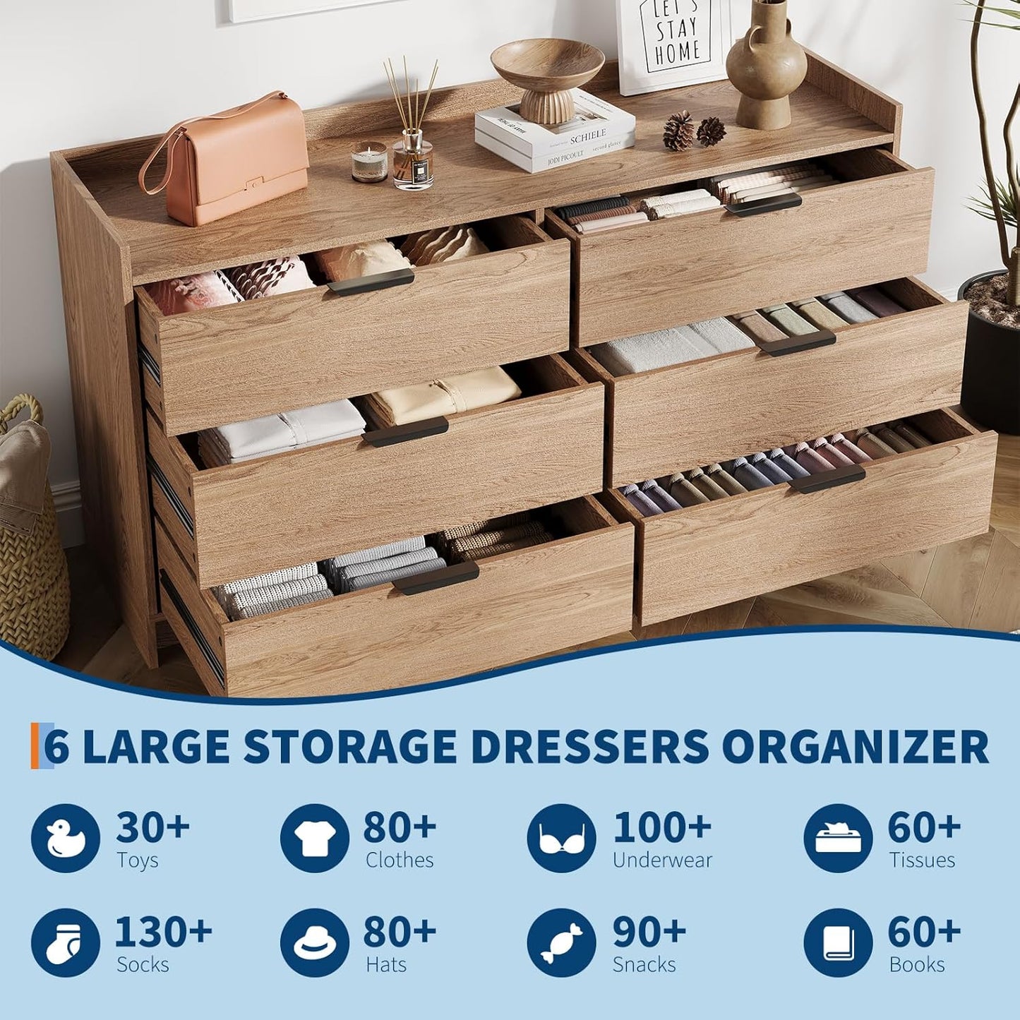 Modern Dresser with 6 Drawers 52.5" Wide Chest of Drawers with Metal Handle, Double Wooden Storage Cabinet with Deep Drawers & TV Stand Wood Closet Clothes Storage Organizer for Bedroom, Living Room,