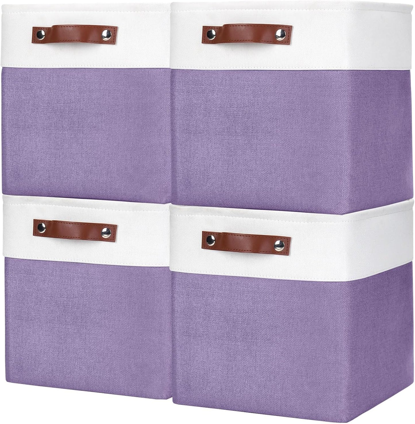 Collapsible Fabric Storage Cubes 11x11 Cube Storage Bins, 4 Pack Closet Baskets Box with Handles for Organizing, Shelf, Toys, Clothes, Home, Office, Nursery (Purple&White)