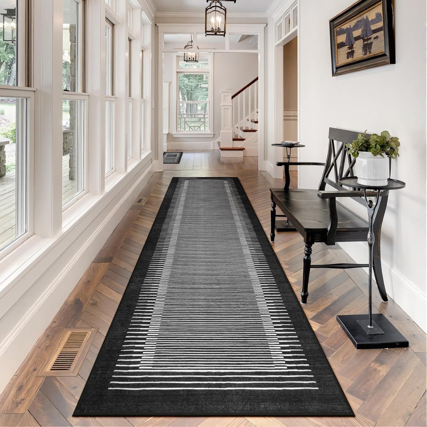 Wonnitar Washable Striped Black Runner Rug for Hallway 2'6"x8', Non-Slip Kitchen Runner Rug, Low Pile Minimalist Soft Rug Runner for Bedroom Hallway Bathroom Laundry Entryway (Black, 2'6" x 8')