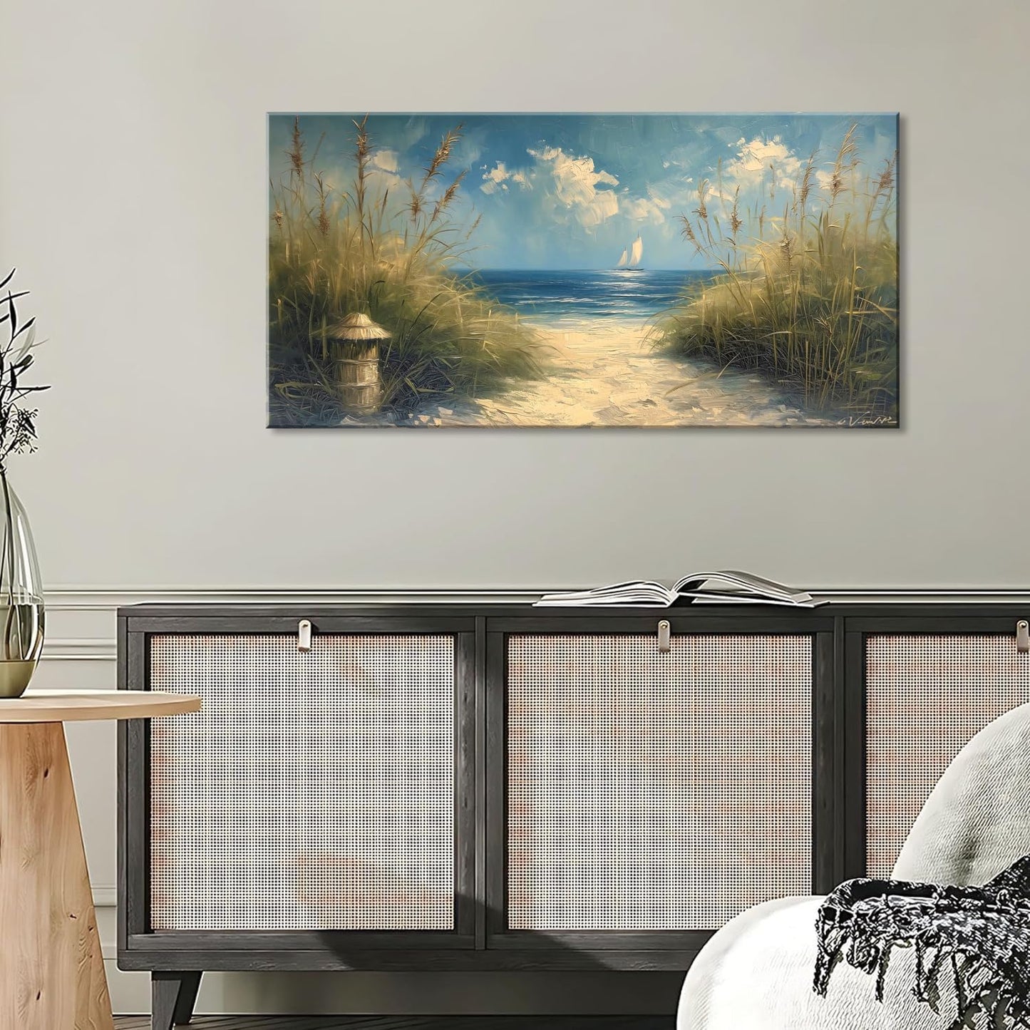 LASMOND Beautiful White Sandy Beach by Seaside Landscape Wall Art Decor Artwork for Bedroom Living Room (48x24 Inches)