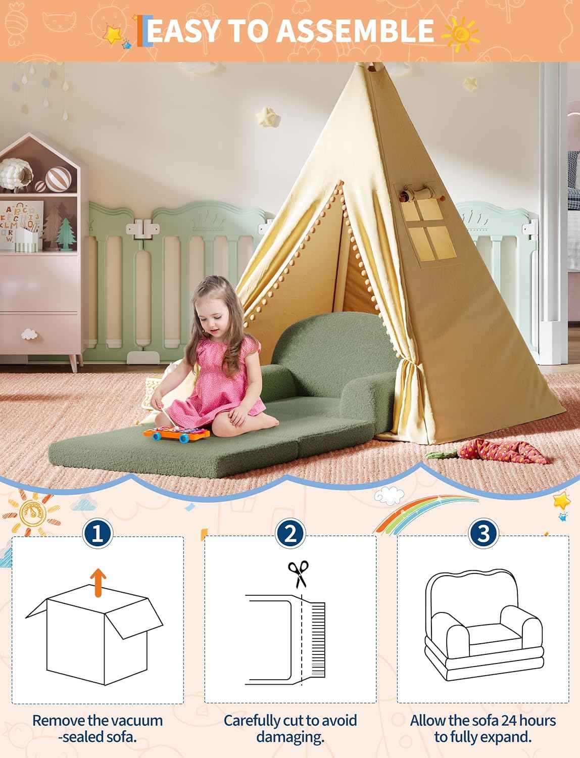 GarveeHome Kids Couch, 2-in-1 Comfy Toddler Couch Fold Out, Convertible Sofa to Lounger Foam Kids Chair with Soft Sherpa, Gift for Girls and Boys (Green Moon)