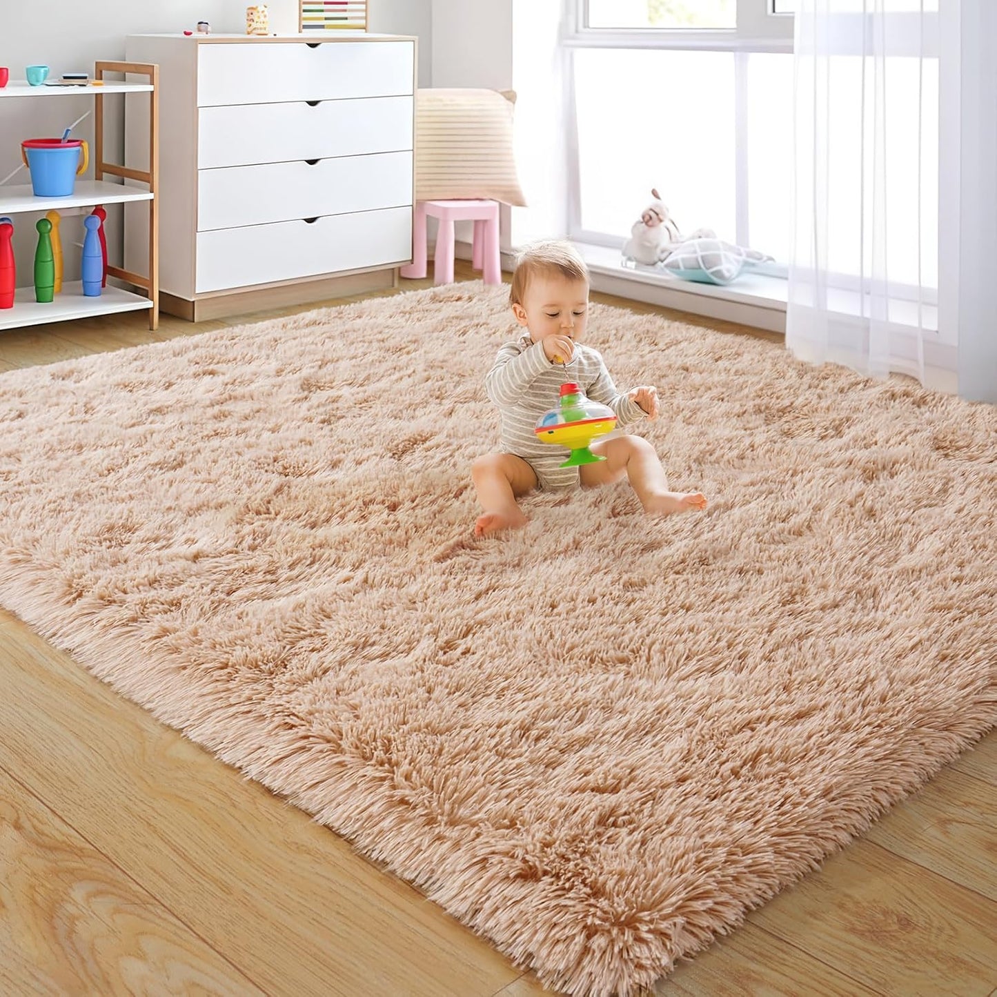 Rezutan Fluffy Rug for Living Room Bedroom Soft Modern Shaggy Fuzzy Kids for Living Room, Cute Room Decor, Plush Indoor Nursery Home Decor Bedside with Non-Slip Bottom, Beige, 4 X 6 Feet