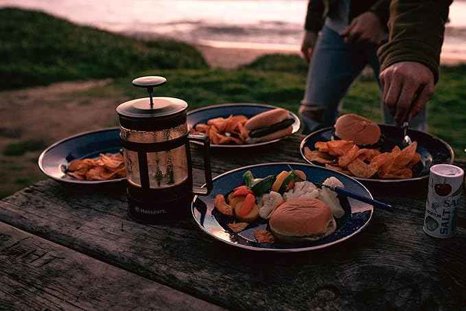 Stansport Deluxe 24-Piece Enamel Tableware Set - Enamel Plates and Bowls Lightweight and Durable Camp Dish Set for Camping and Backpacking Plates and Bowls for 4 People