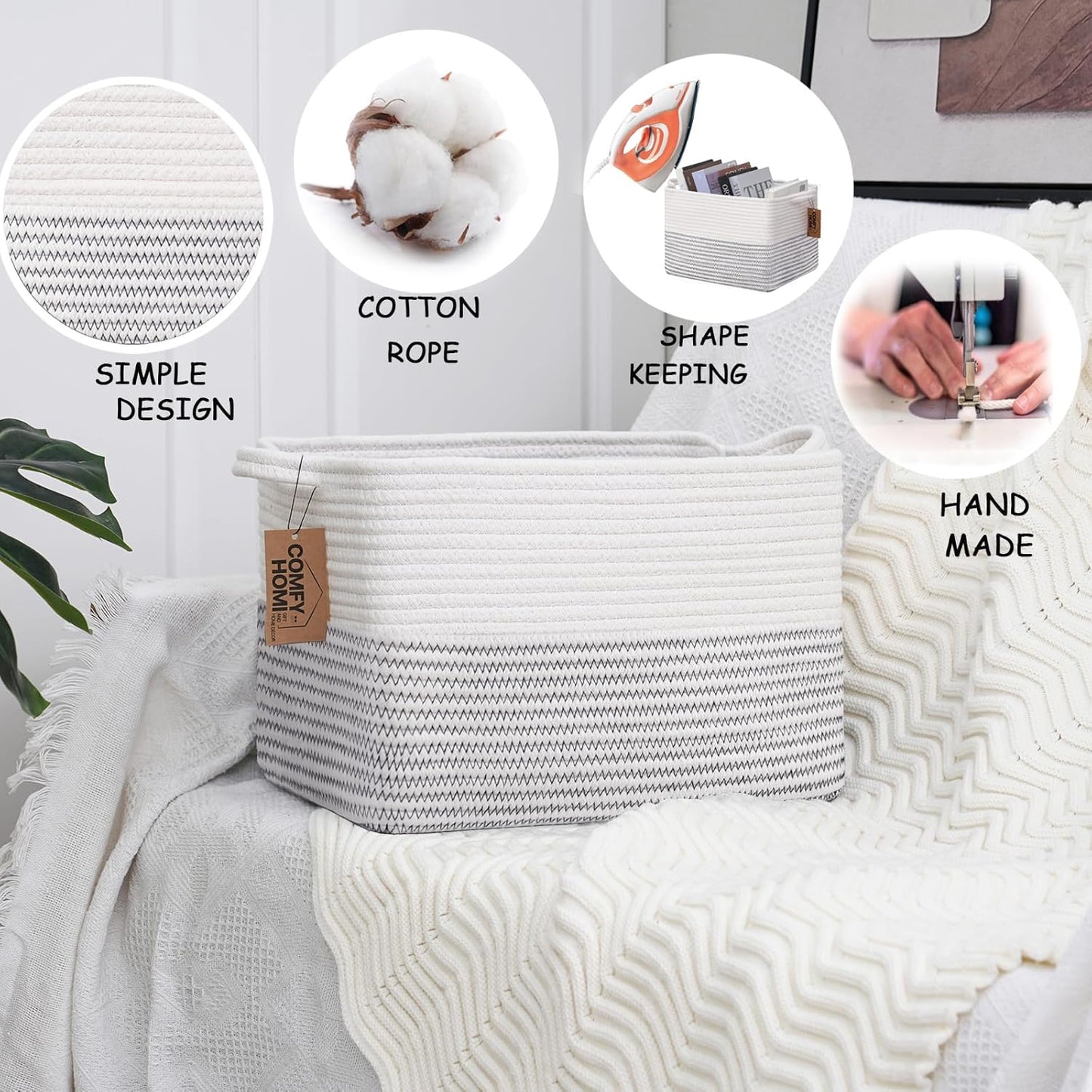 COMFY-HOMI Cotton Rope Woven Basket with Handles for Shelves,Toys,Book, Cloth Storage Baskets Bin for Organizing-13.5"x11"x9.5" Toy Decorative Organizer for Living Room, Bathroom-White/Black Line