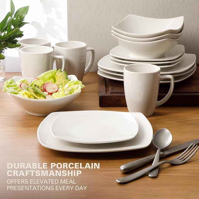Gibson Home Zen Buffet White Porcelain Dinnerware Set for 4, Square Plates Bowls and Mugs, Chip and Scratch Resistant, Dishwasher and Microwave Safe, 16 Piece