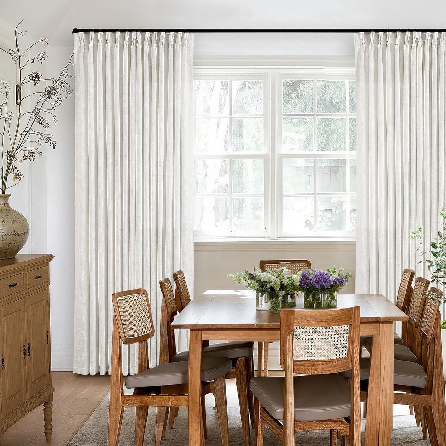 Beige White Linen Curtains Pinch Pleated 84 Inches Long for Living Room Bedroom Pleat with Rings Back Tab Semi Sheer Curtains 84 Inch Length 2 Panels Set Light Filtering Farmhouse Drapes