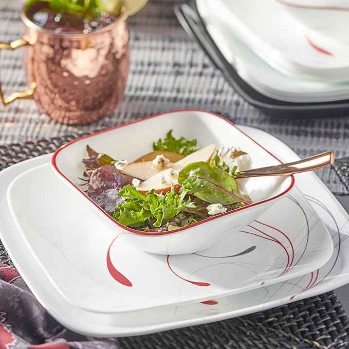Corelle Vitrelle 18-Piece Service for 6 Dinnerware Set Triple Layer Glass and Chip Resistant, Lightweight Square Plates and Bowls Set, Splendor