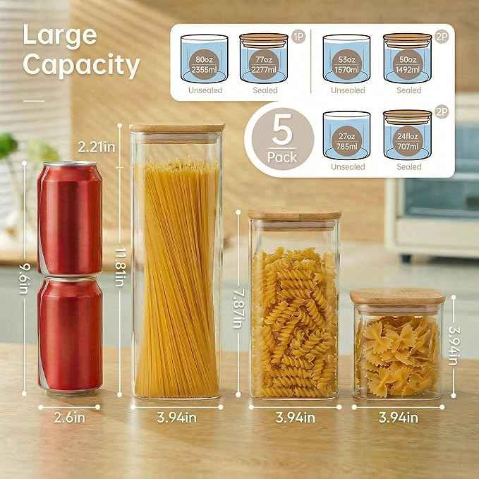 HomArtist Square Glass Jars with Bamboo Lids [Muti Size Set of 5], Glass Canisters with Airtight Lids, Glass Food Storage Containers for Pasta, Cereal, Flour, Sugar, Best for Kitchen & Pantry