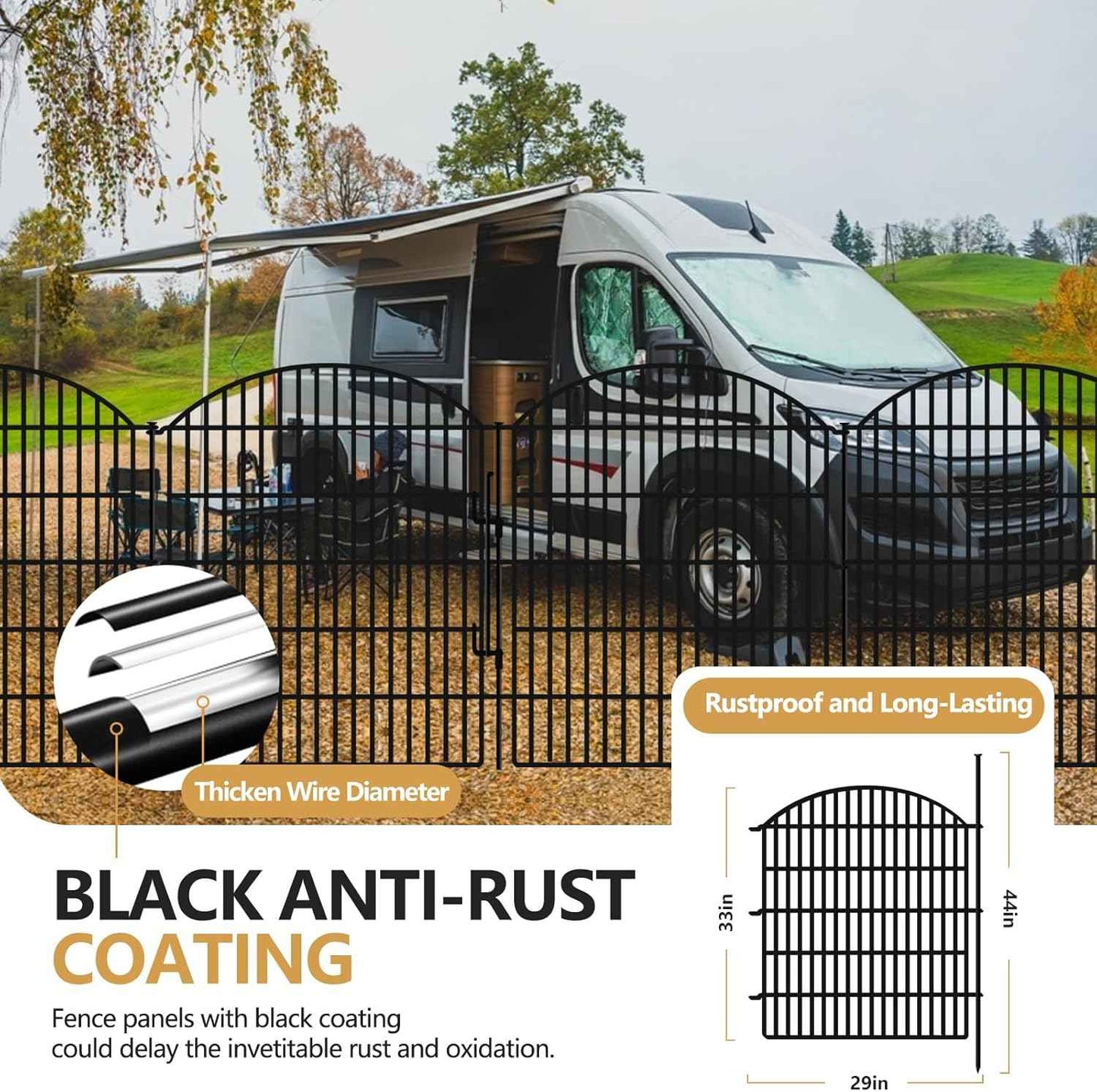 10 Panels Garden Fence Animal Barrier with Lock, 33in (H) x 24ft (L) Dog Fences Outdoor for Yard No Dig Rustproof Decorative Tall Metal Panel Border Rabbits Temporary Ground Stakes Fencing