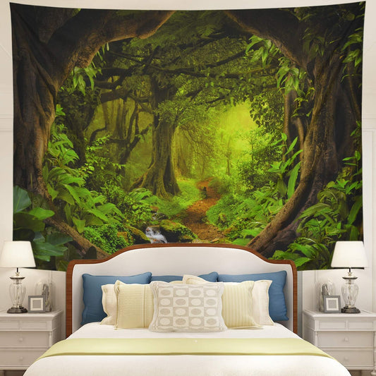 Tushelia Forest Tapestry Psychedelic Tree Cave Tapestries Fantasy Nature Landscape Backdrop Tapestries Stream Through Rainforest Jungle Tapestry Wall Haning for Bedroom Decor