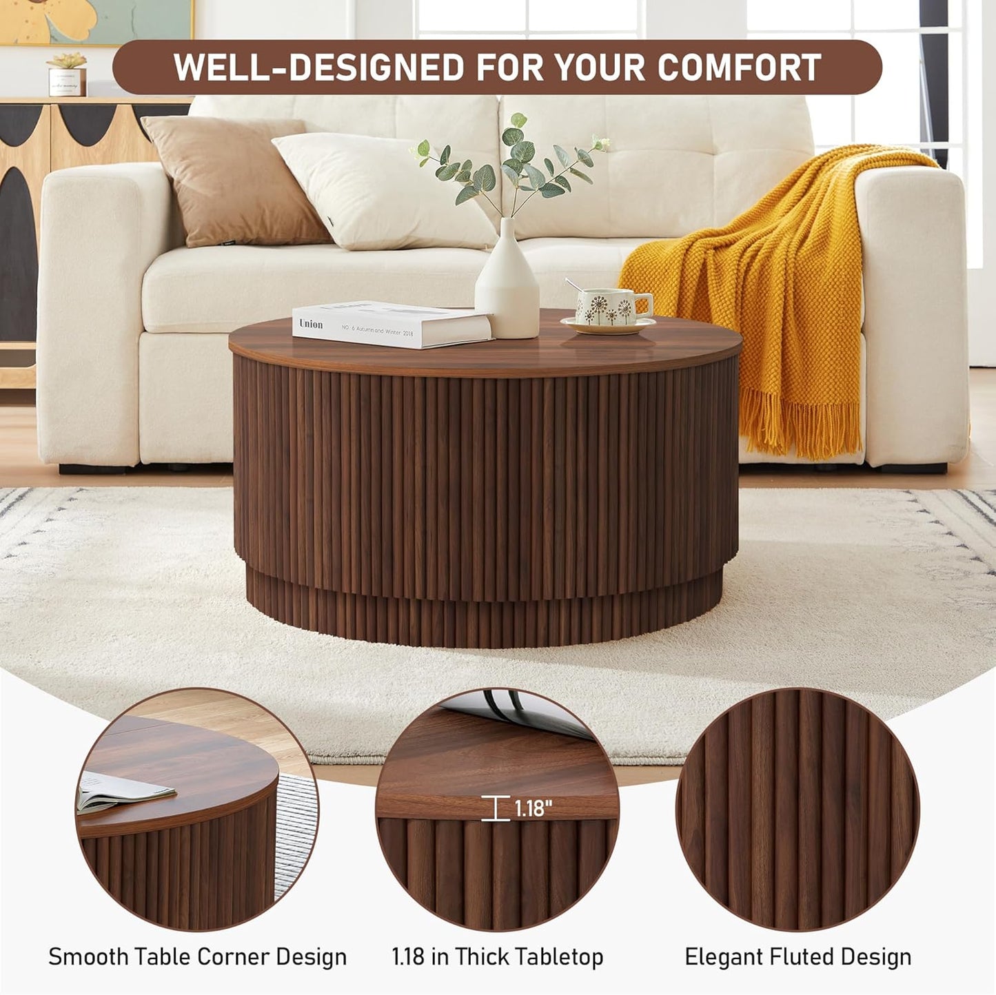 31.5" Round Coffee Table with Storage, Mid Century Modern Coffee Tables with Fluted Base, Wooden Circle Accent Center Table for Living Room Small Space Apartment Office (Walnut)