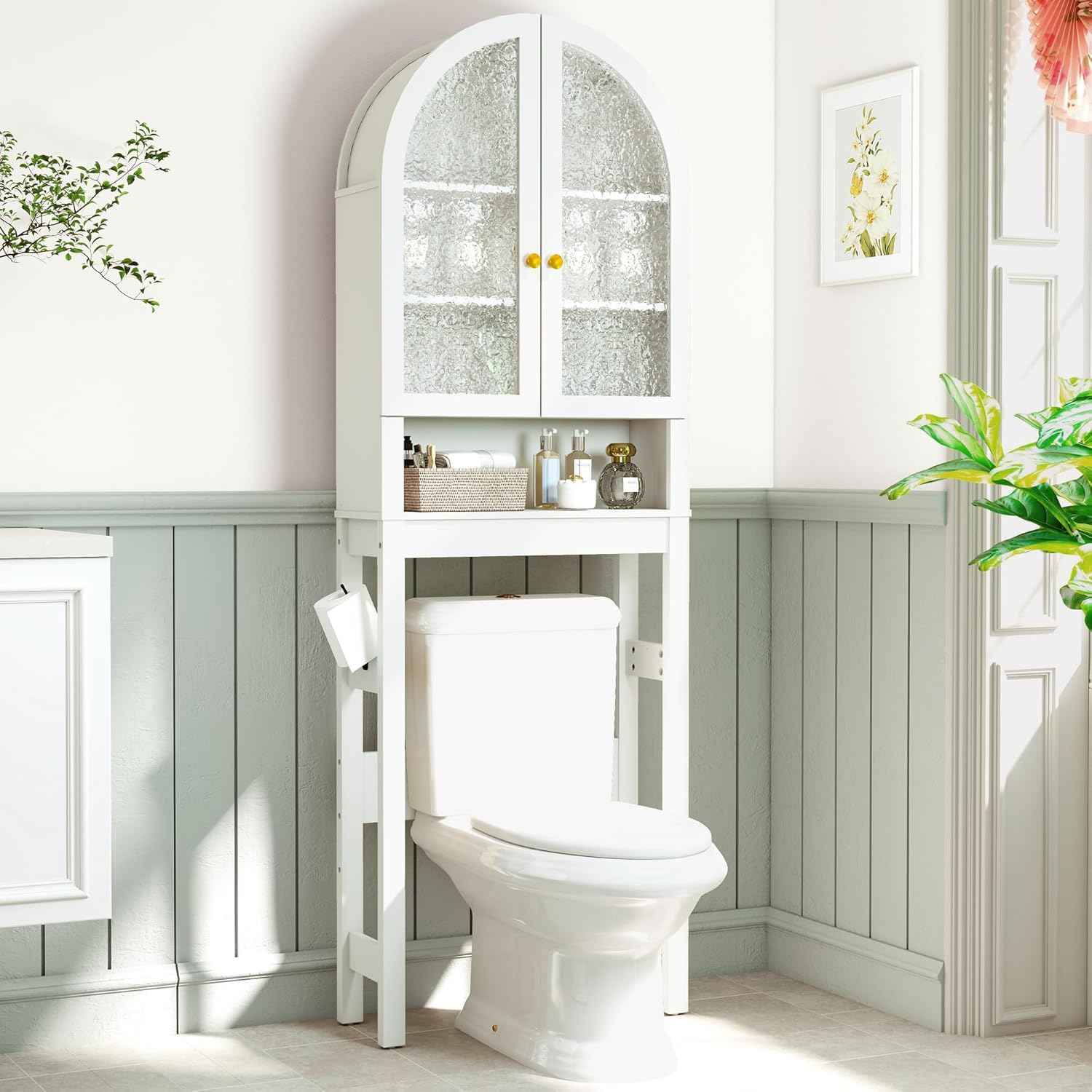HMstone Over The Toilet Storage Cabinet, Arched Bathroom Organizer and Storage with Acrylic Doors and Adjustable Shelf, Space-Saving Freestanding Bathroom Modern Storage Cabinet Over Toilet