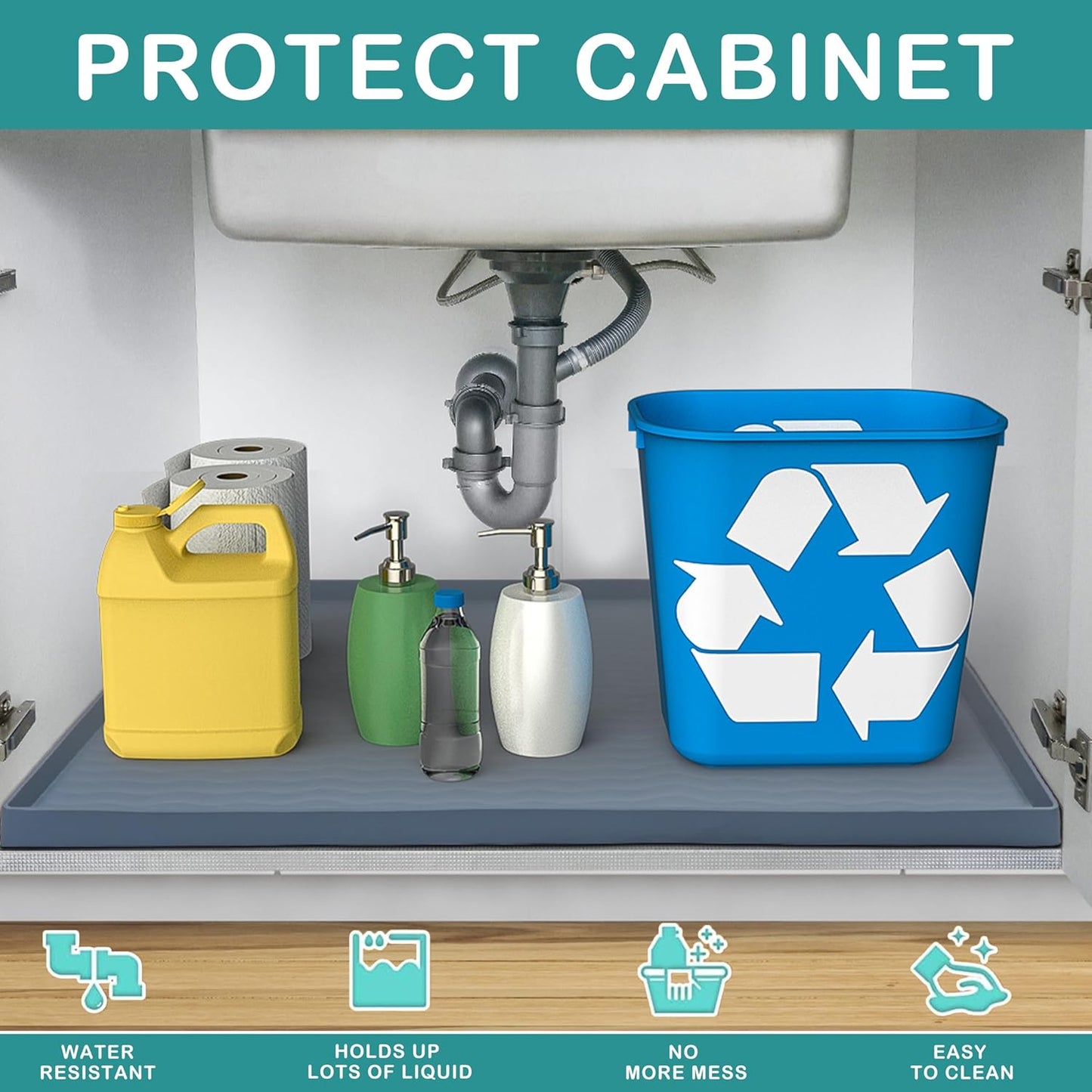 URMONA Waterproof Silicone Under Sink Mat 31'' x 22'' Shelf Liner for Kitchen and Bathroom, Cabinet and Counter Protector, Storage and Organizers, Litter Mat, Pet Cat Puppy Essentials(Light Grey)