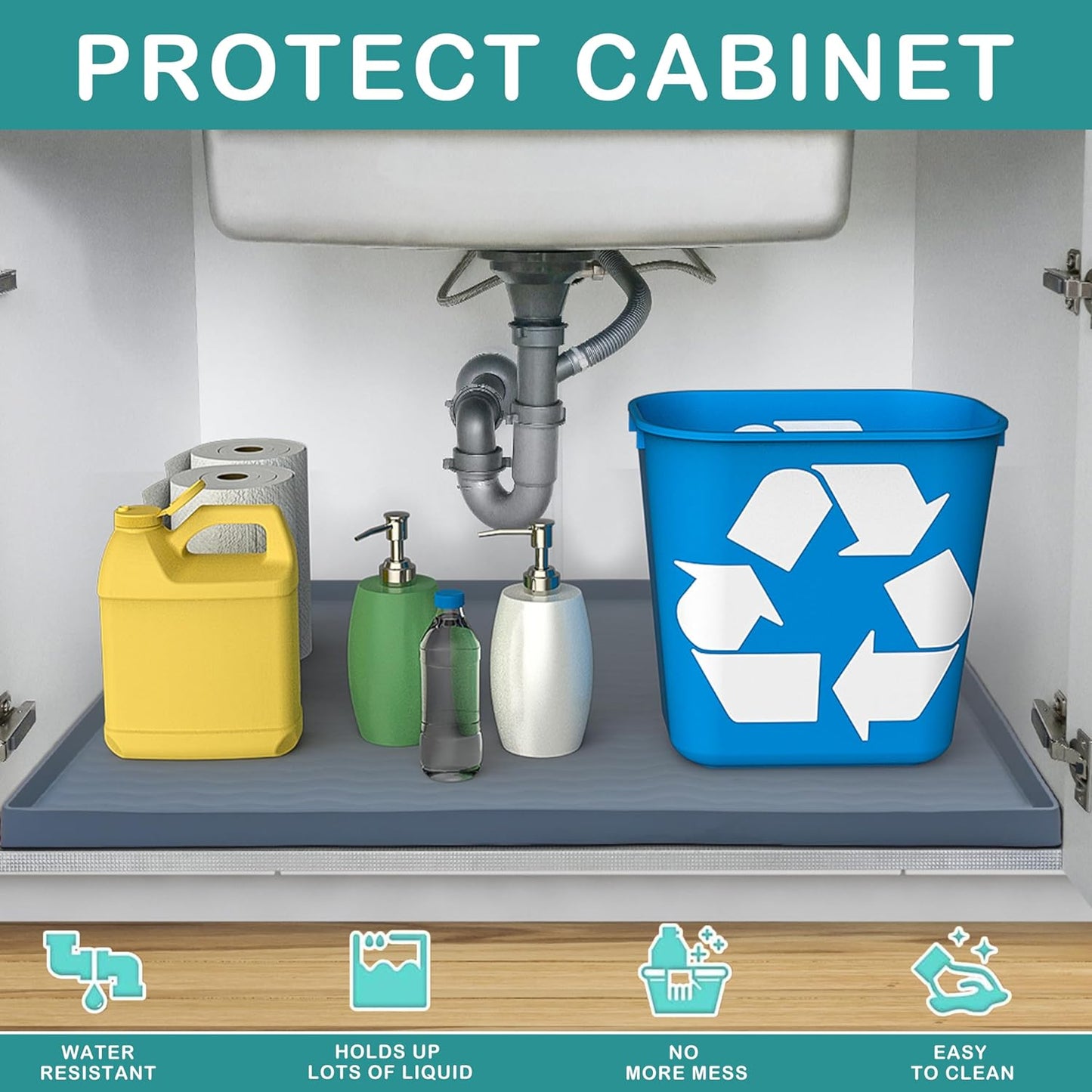 URMONA Waterproof Silicone Under Sink Mat 40'' x 22'' Shelf Liner for Kitchen and Bathroom, Cabinet and Counter Protector, Storage and Organizers, Litter Mat, Pet Cat Puppy Essentials(Beige)