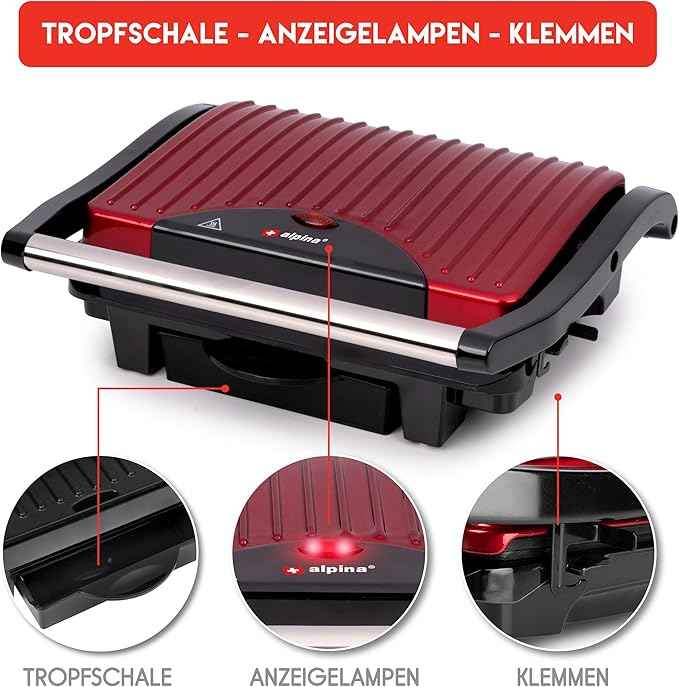 ALPINA 8711252252773 Contact Grill - 230V/1000W - Sandwich maker - Panini Grill - Vegetable, Bread and Meat - Non-stick - Drip tray - Black/Red