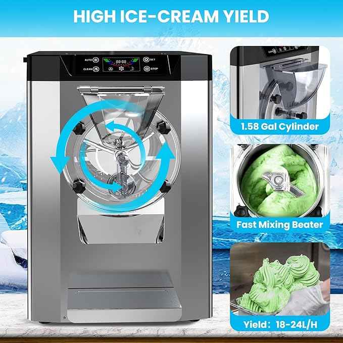2000W Commercial Single Flavor Hard Serve Ice Cream Maker Machine, 4.8-6.3 Gal/Hr Countertop Gelato Machine with LCD Display, Auto Clean High Productivity for Restaurants & Snack