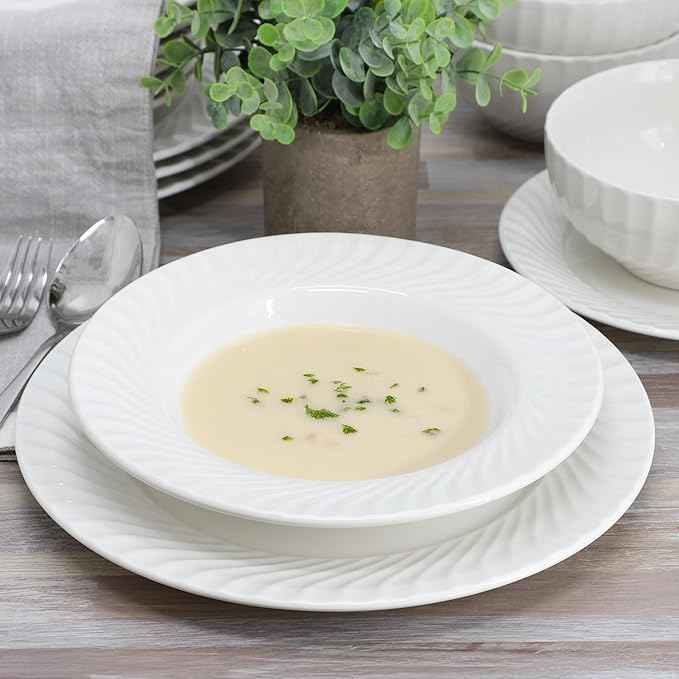 Elama Julia 16 Piece Scalloped Double Bowl Porcelain White Dinnerware Set, Serveware, Tableware, Bowls, Plate Set (Julia)