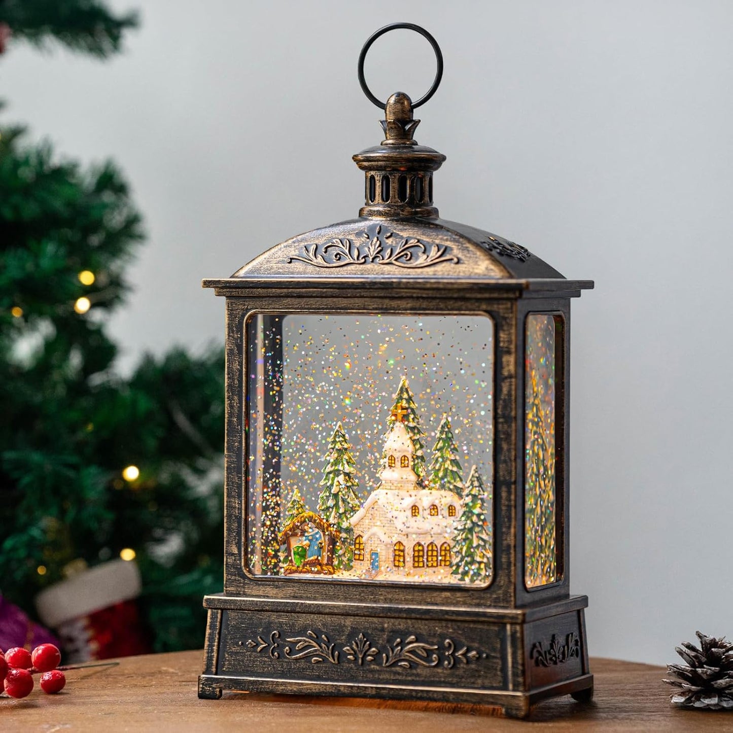 12.5'' Musical Snow Globe Lantern Lighted Church with Nativity Manger Scene Water Lantern in Swirling Glitter, Christmas Home Decoration and Gift, Battery Operated or USB Powered