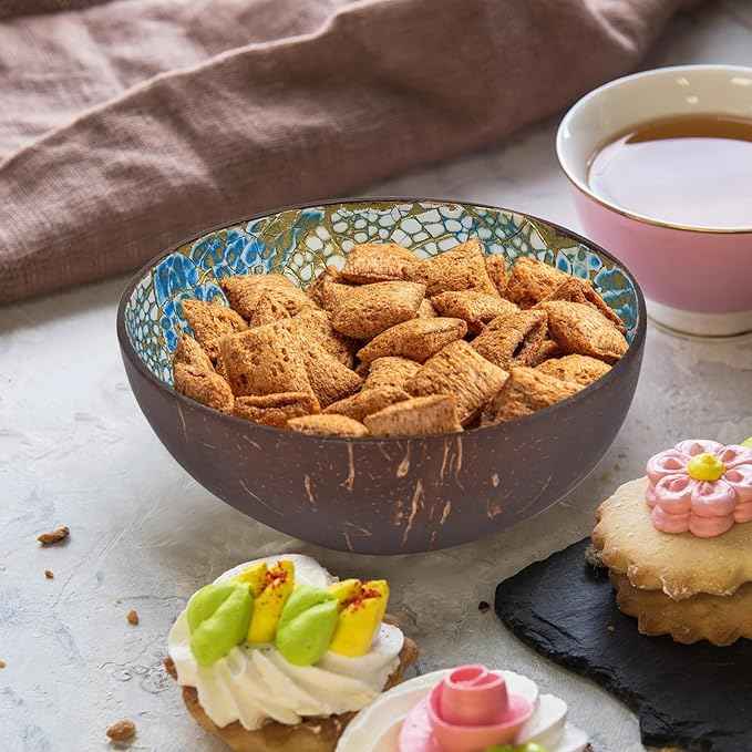 ChezMax Natural Coconut Bowl with Mother of Pearl Inlays - Key Bowl & Fruit Snack Holder (Blue-Gold)