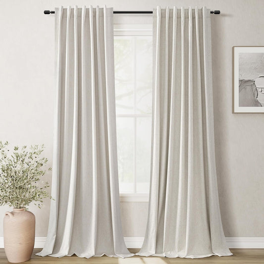 Natural Linen 100% Blackout Curtains for Bedroom 102 Inch Long 2 Panels Window Curtain Floor To Ceiling Length for Living Room Sliding Glass Door Back Tab Cream Linen Room Darkening Drapes 52x102