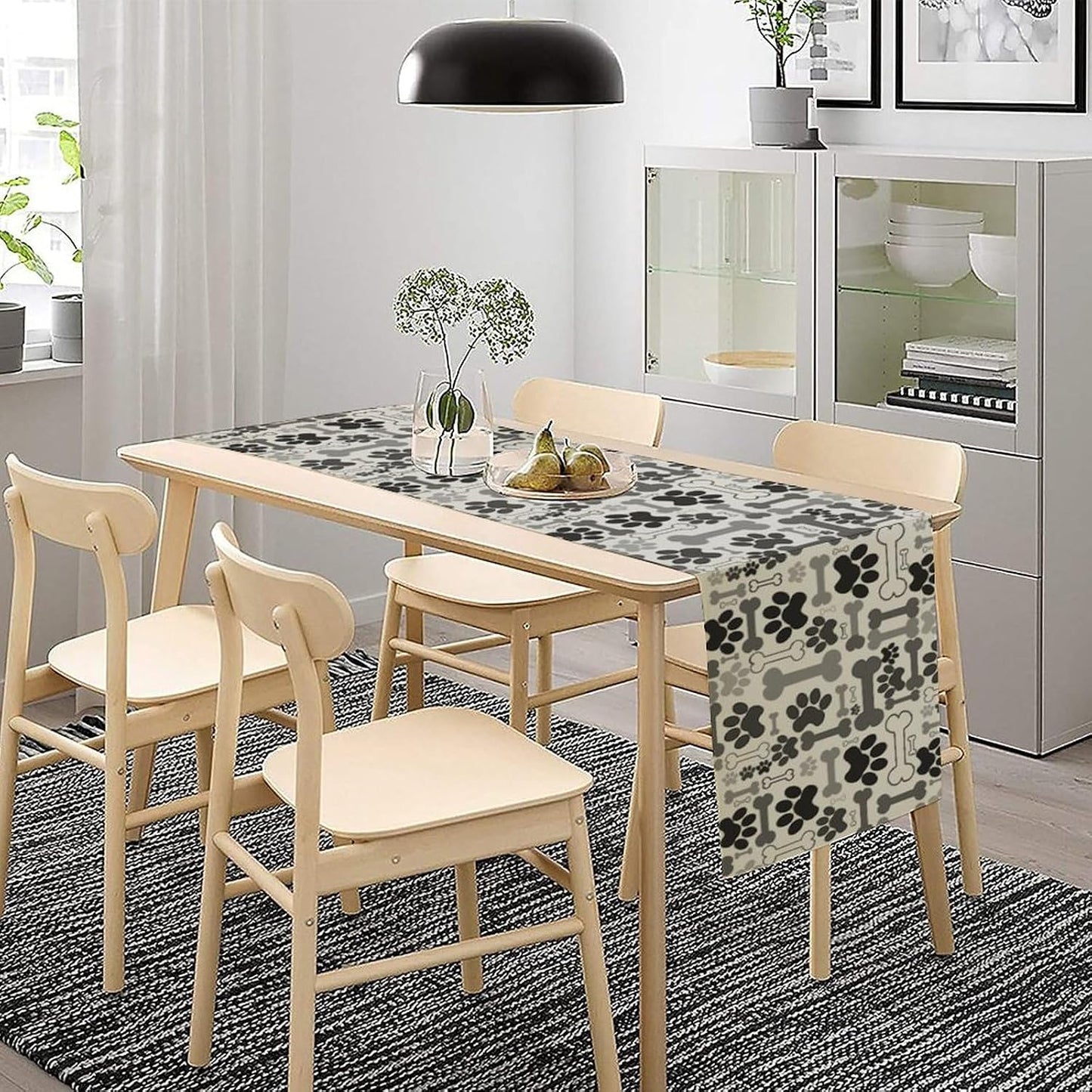 Dog Paw Table Runner,Gray Cartoon Dog Paw and Bones Puppy Dog Birthday Party Decoration Farmhouse Dining Room Kitchen Home Decor 13x36 Inch