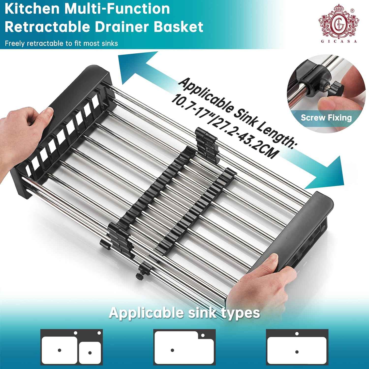 Kitchen Multi-Function Retractable Sink Dish Drying Rack, Stainless Steel Drainer for 10.7"-17" Sinks, Kitchen Countertop Organizer for Dishes, Vegetables, and Fruits (Black & Small)