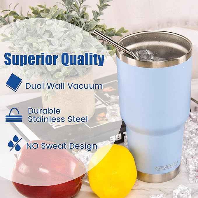 D·S 30oz Blue Tumbler Stainless Steel Double Wall Vacuum Insulated Mug with Straw and Lid, Cleaning Brush for Cold and Hot Beverages