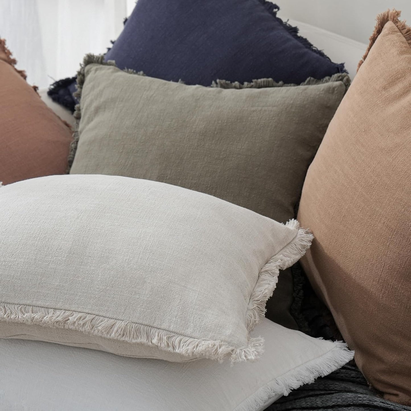 Foindtower Set of 2 Decorative Linen Fringe Throw Pillow Covers Cozy Boho Farmhouse Cushion Cover with Tassels Soft Accent Pillowcase for Couch Sofa Bed Living Room Home Decor, 16×16 Inch, Beige