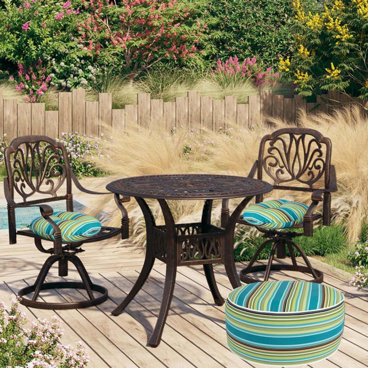 FUNHOME Inflatable Outdoor Ottoman with Air Pump,20"x9" Portable Patio Pouf,Water Resistant,Fade-Resistant,Round Blow Up Footrest Stools for Home Garden Camping Travel(Green Stripe)