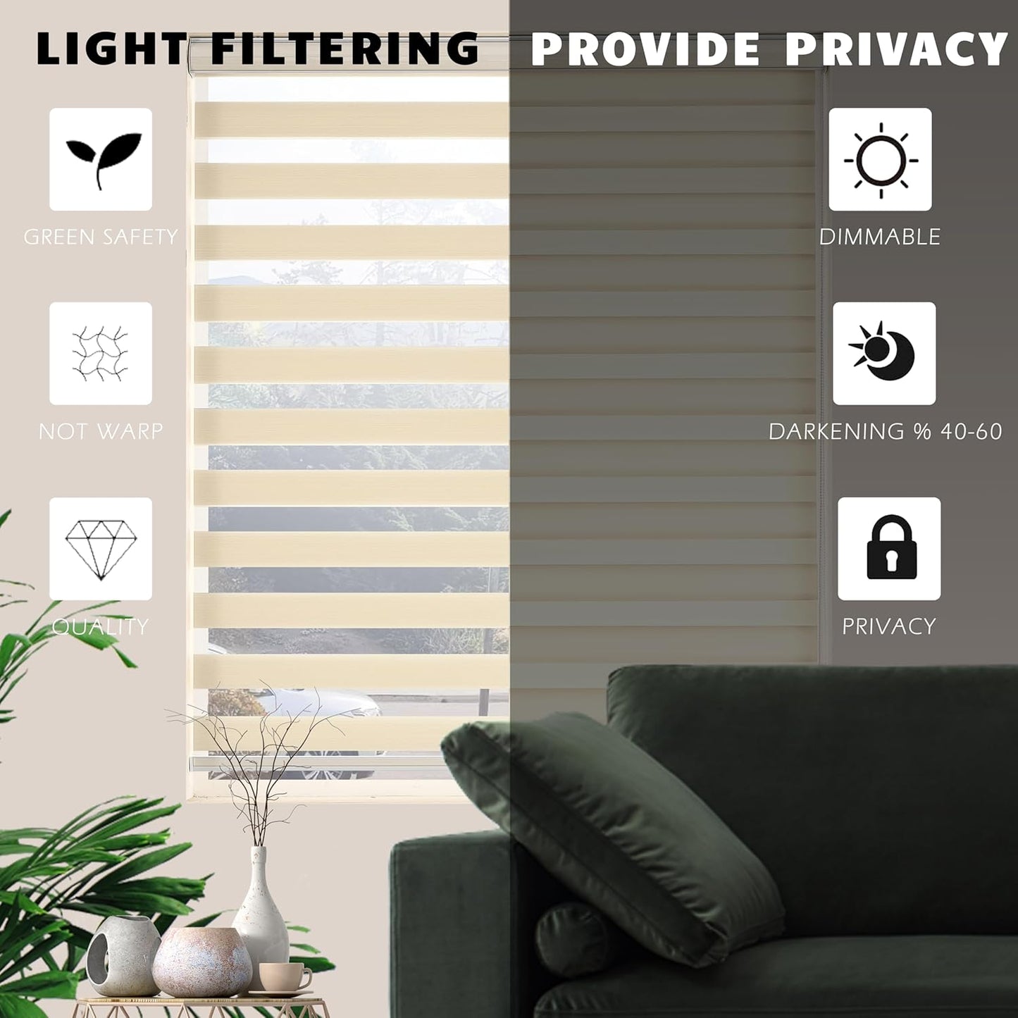 Zebra Blinds Window Blind Zebra Shade Blinds for Windows Roller Sheer Shades Privacy Light Filtering Shades for Home Kitchen Bathroom (Width 62'' X Height 72'' Cream)