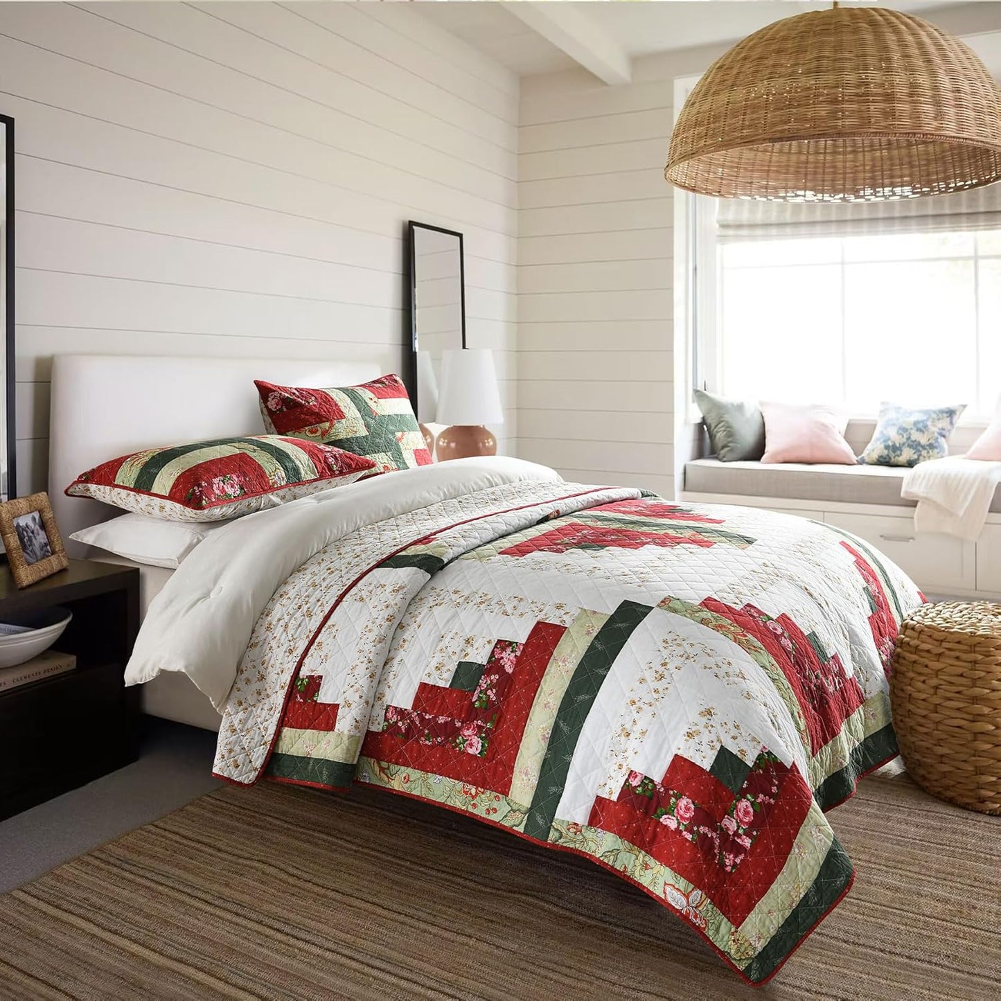 Secgo Handmade Quilted 100% Cotton King Comforter Set for Bed - 100% Cotton Quilts King Size, Black Bedspreads (96 * 108 Inch) with 2 Pillow Shams, Patchwork Reversible Lightweight Bedding