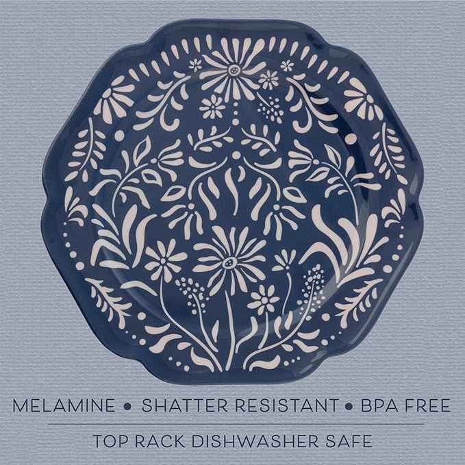 Karma, 8.75 inches Melamine Salad Plates Set of 4, Reusable Dishwasher Safe Plates for Outdoor and Indoor, Blueberries