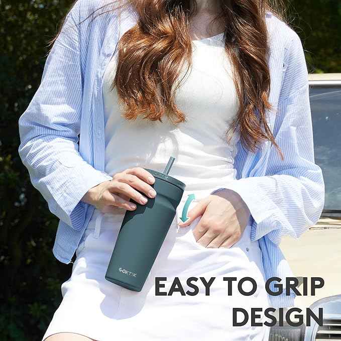 COKTIK 24oz Insulated Tumbler with Lid and Straw Iced Coffee Cup Reusable Stainless Steel Travel Mug Water Bottle Cupholder Friendly for Women Men Her Him (Twilight Fog)