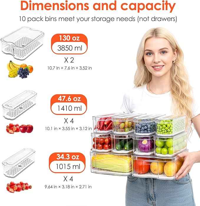 SMRCAD Fridge Organizers and Storage, 10 Pack Clear Organizer Bins with Lids for Kitchen, Pantry, Refrigerator, Food, Fruit, Vegetable Storage